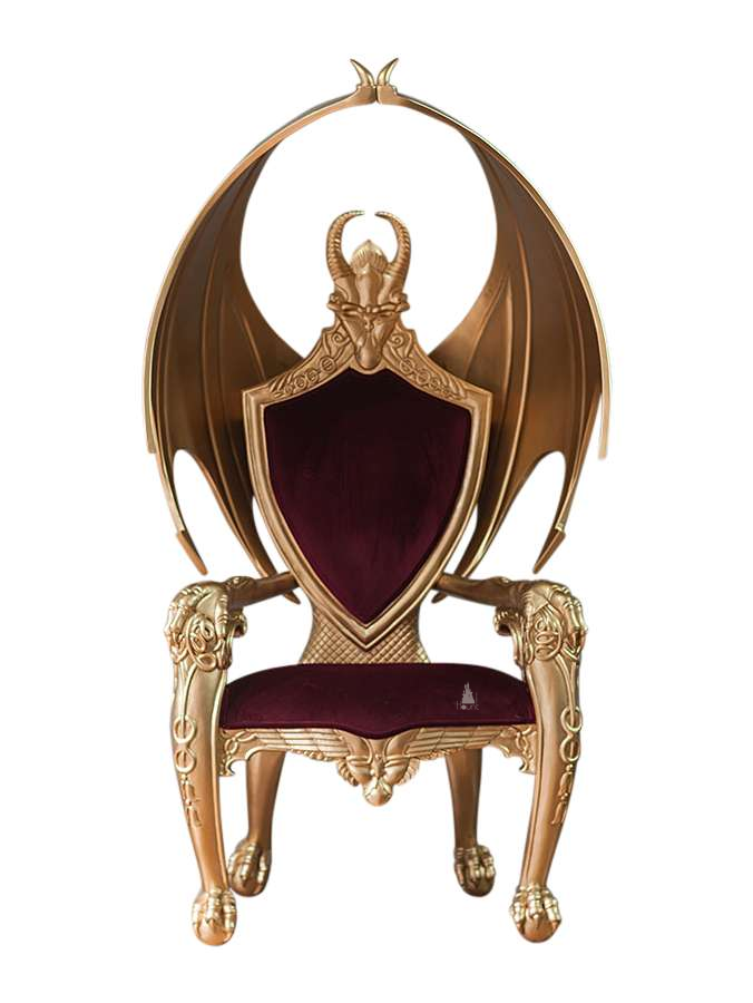 The House of Fire Throne, a handcrafted gothic throne chair with a bat-wing frame, horned carved crest and shield-shaped upholstered back.