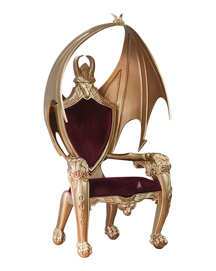 The House of Fire Throne, a handcrafted gothic throne chair with a bat-wing frame, horned carved crest and shield-shaped upholstered back.