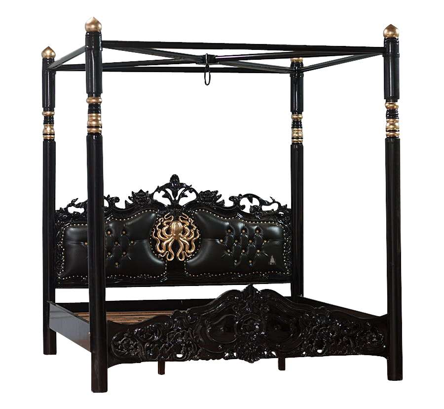 The Kraken Mahogany Bed, a handcrafted four-poster bed with kraken headboard motif, carved footboard and dramatic canopy frame.