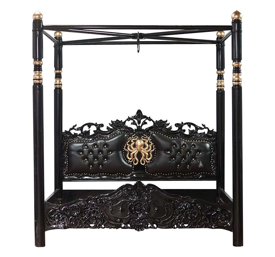 The Kraken Mahogany Bed, a handcrafted four-poster bed with kraken headboard motif, carved footboard and dramatic canopy frame.