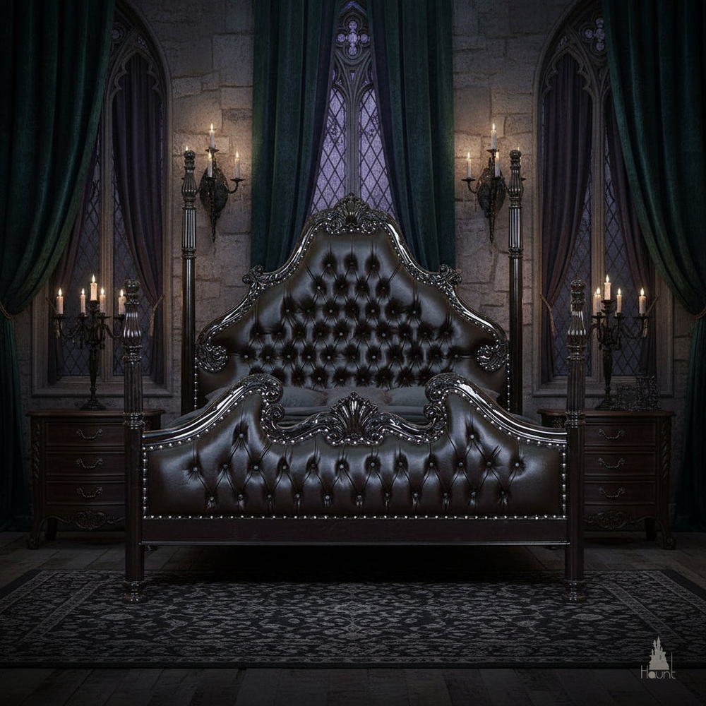 Styled room image of the Luxe Bed showing the carved four poster silhouette and dark gothic bedroom setting