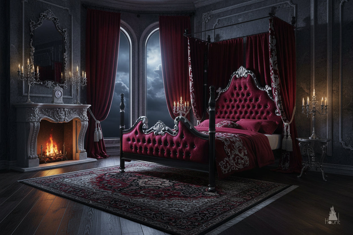 Lifestyle image of the Luxe Bed in a dark bedroom with carved four poster frame and upholstered panels