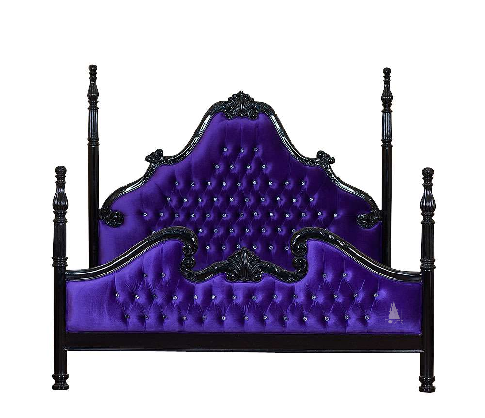 Luxe Bed shown with button-tufted upholstery and dark carved mahogany frame