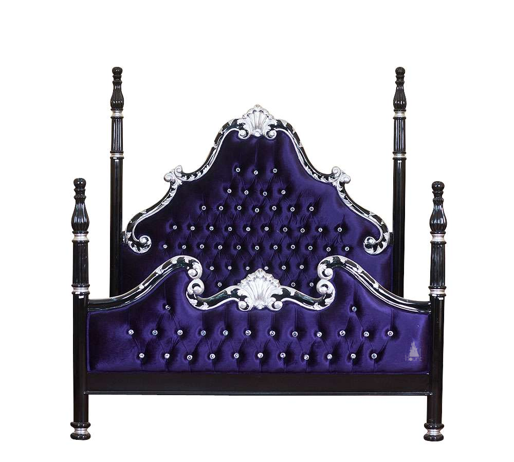 Luxe Bed detail showing deep button tufting, carved mahogany edging and gothic four poster proportions