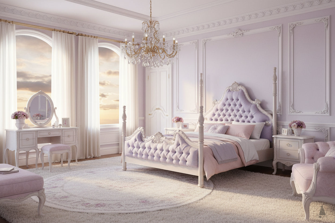 Close-up of the Luxe Bed showing ornate carved mahogany detail and upholstered gothic bed finish