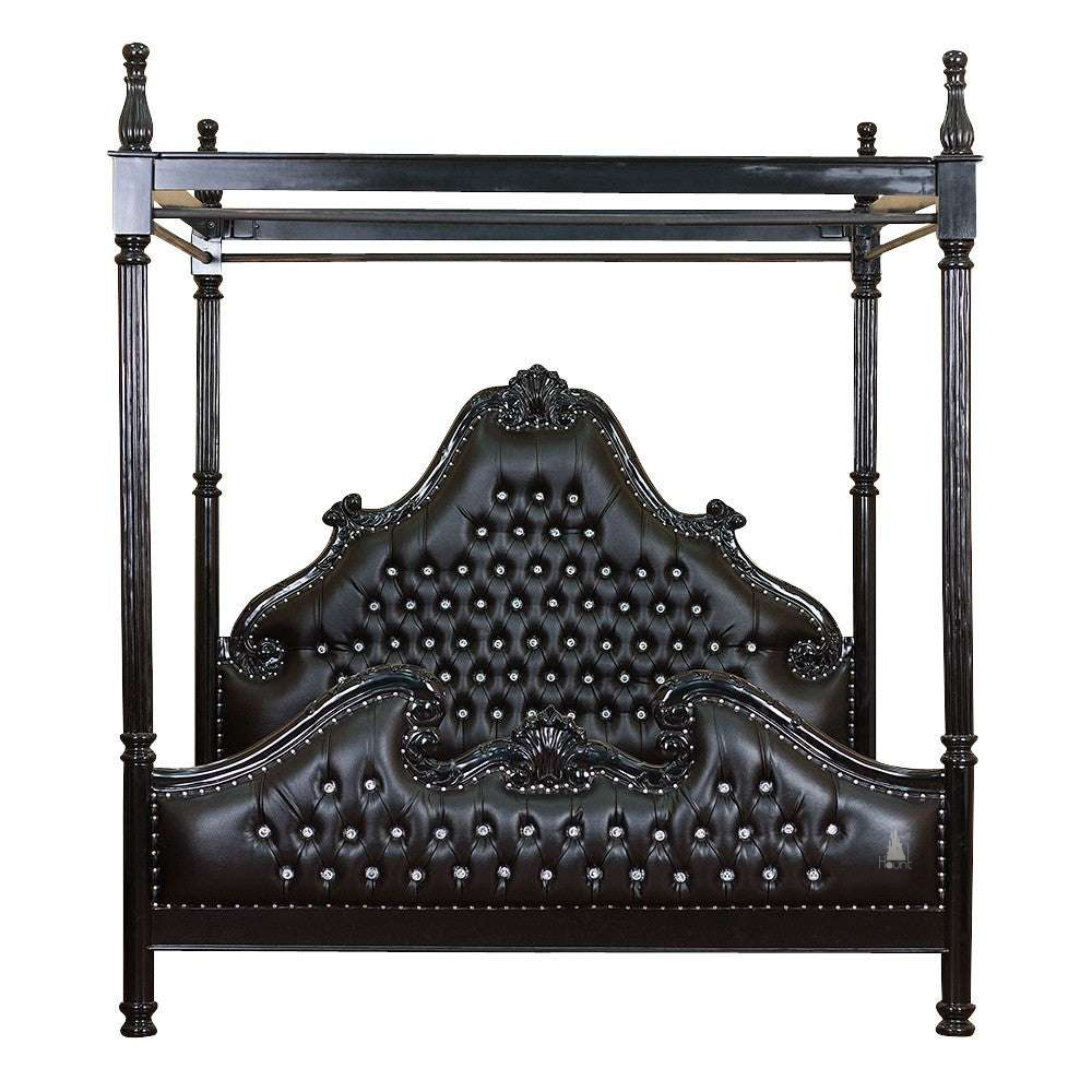 The Luxe Bed with Canopy, a handcrafted gothic canopy bed with turned posts, overhead rails and deep button-tufted upholstery.