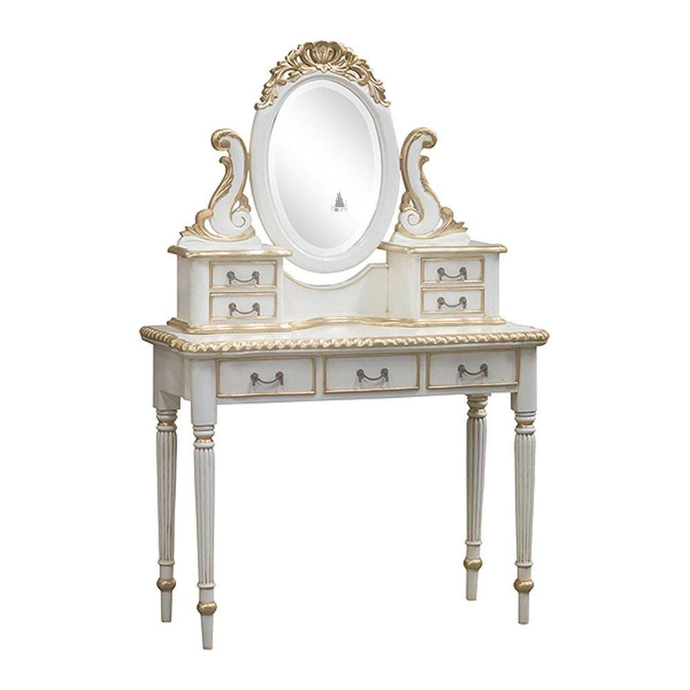 custom Luxe Vanity with oval mirror, small drawers and carved scroll supports