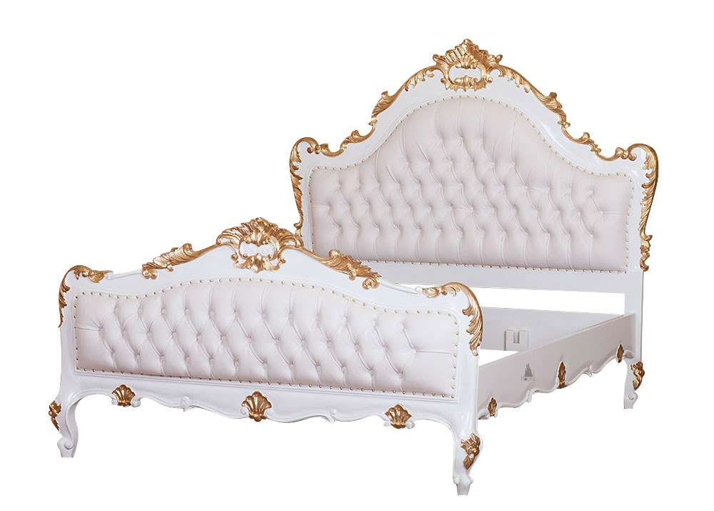 The Mafia Bed, a handcrafted upholstered statement bed with deep button tufting, serpentine lines and carved crest detailing.