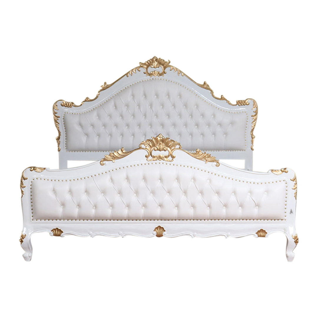 The Mafia Bed, a handcrafted upholstered statement bed with deep button tufting, serpentine lines and carved crest detailing.