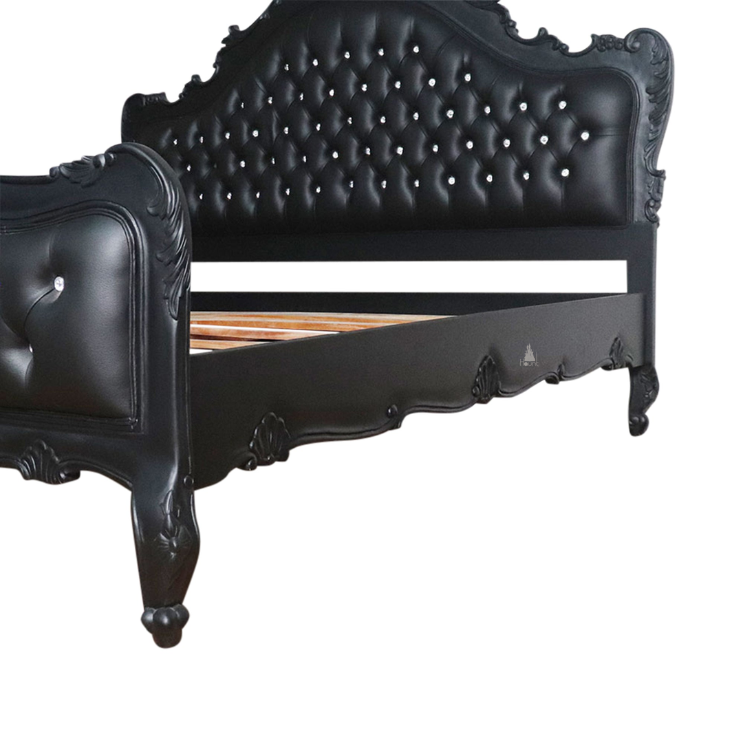The Mafia Bed, a handcrafted upholstered statement bed with deep button tufting, serpentine lines and carved crest detailing.
