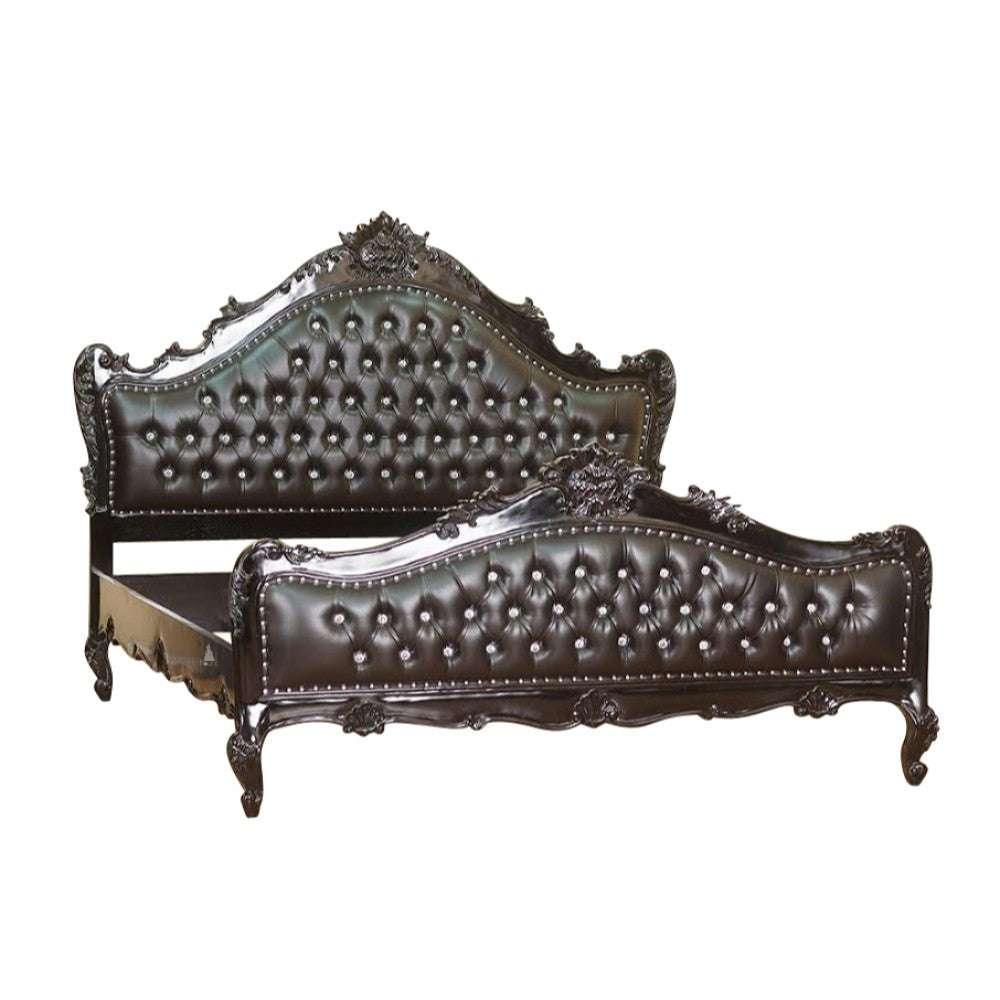 The Mafia Bed, a handcrafted upholstered statement bed with deep button tufting, serpentine lines and carved crest detailing.