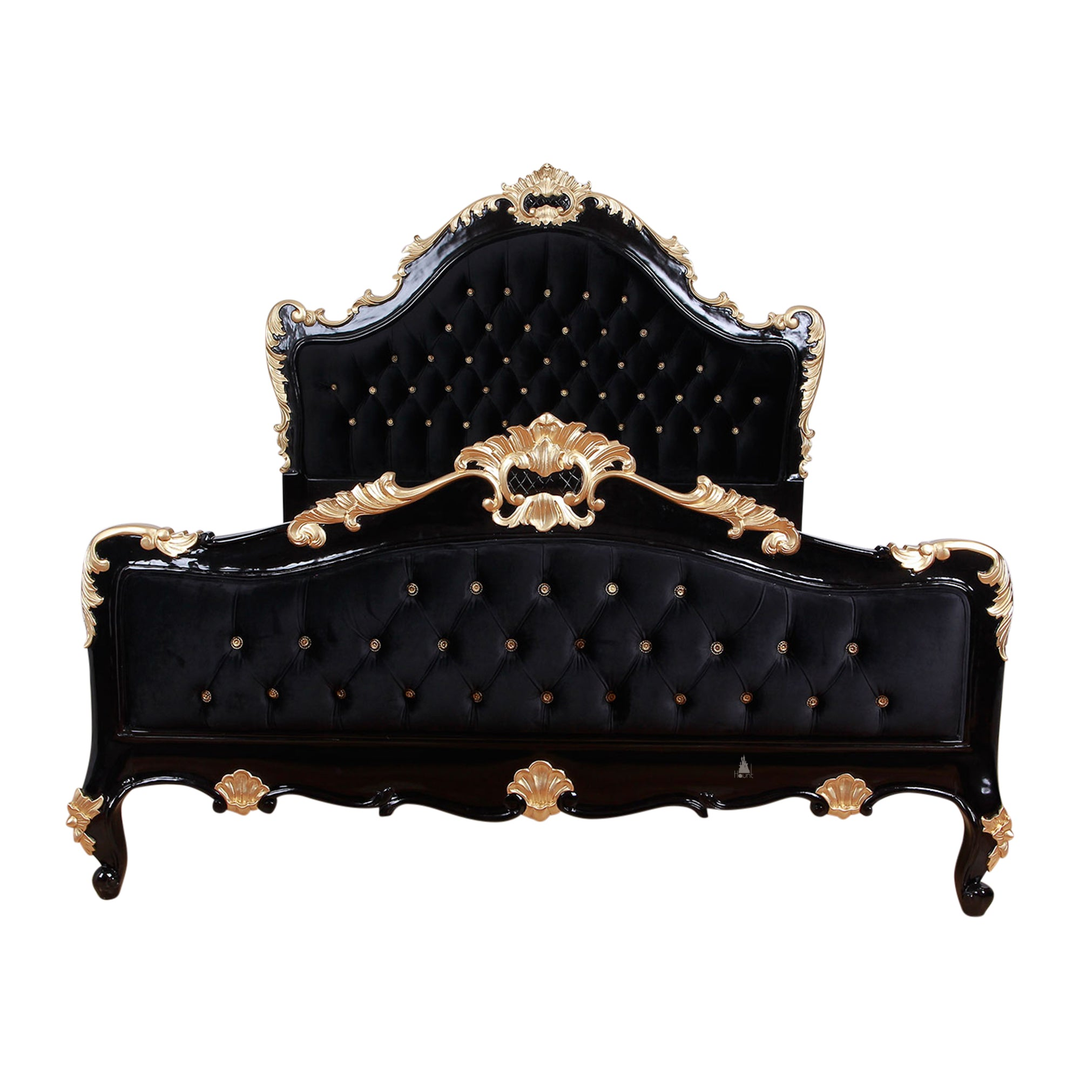 The Mafia Bed, a handcrafted upholstered statement bed with deep button tufting, serpentine lines and carved crest detailing.