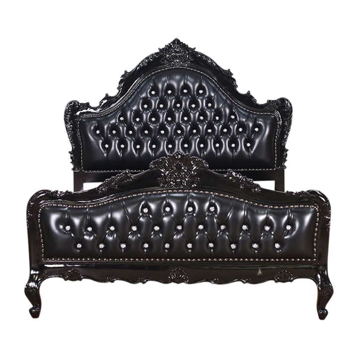 The Mafia Bed, a handcrafted upholstered statement bed with deep button tufting, serpentine lines and carved crest detailing.