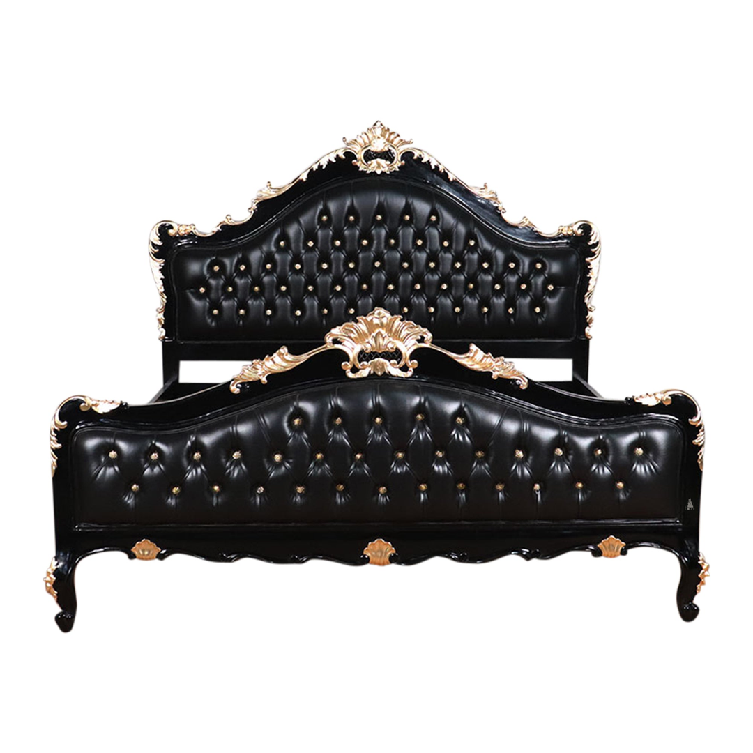 The Mafia Bed, a handcrafted upholstered statement bed with deep button tufting, serpentine lines and carved crest detailing.