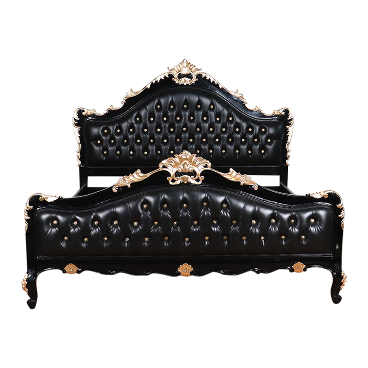 The Mafia Bed, a handcrafted upholstered statement bed with deep button tufting, serpentine lines and carved crest detailing.