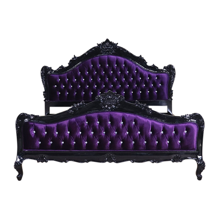 The Mafia Bed, a handcrafted upholstered statement bed with deep button tufting, serpentine lines and carved crest detailing.