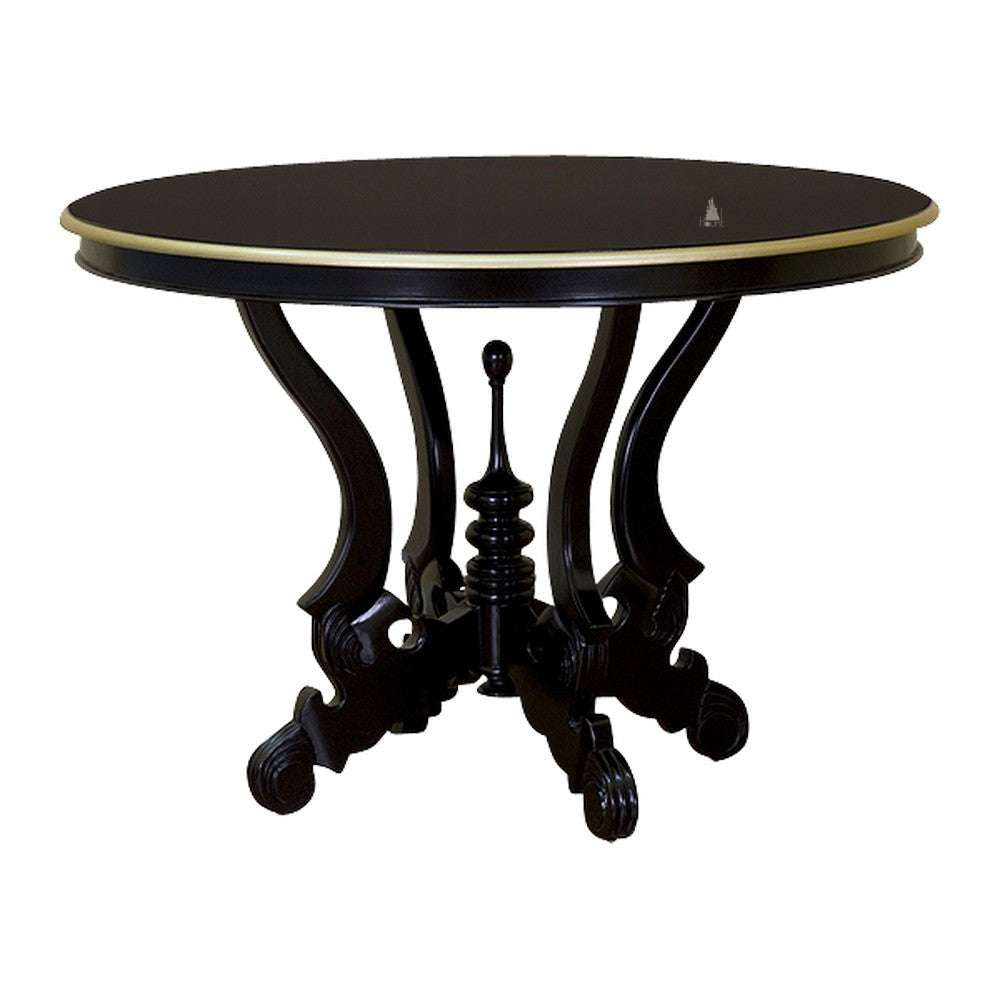 The Mafia Dining Table, a handcrafted round black dining table with a sculptural curved pedestal base and contrasting top edge.