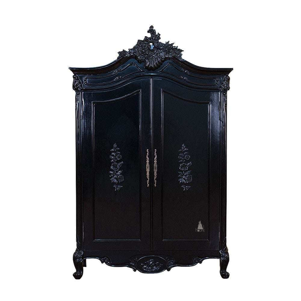 custom Maleficent Armoire with tall double doors, carved crest and ornate wardrobe frame