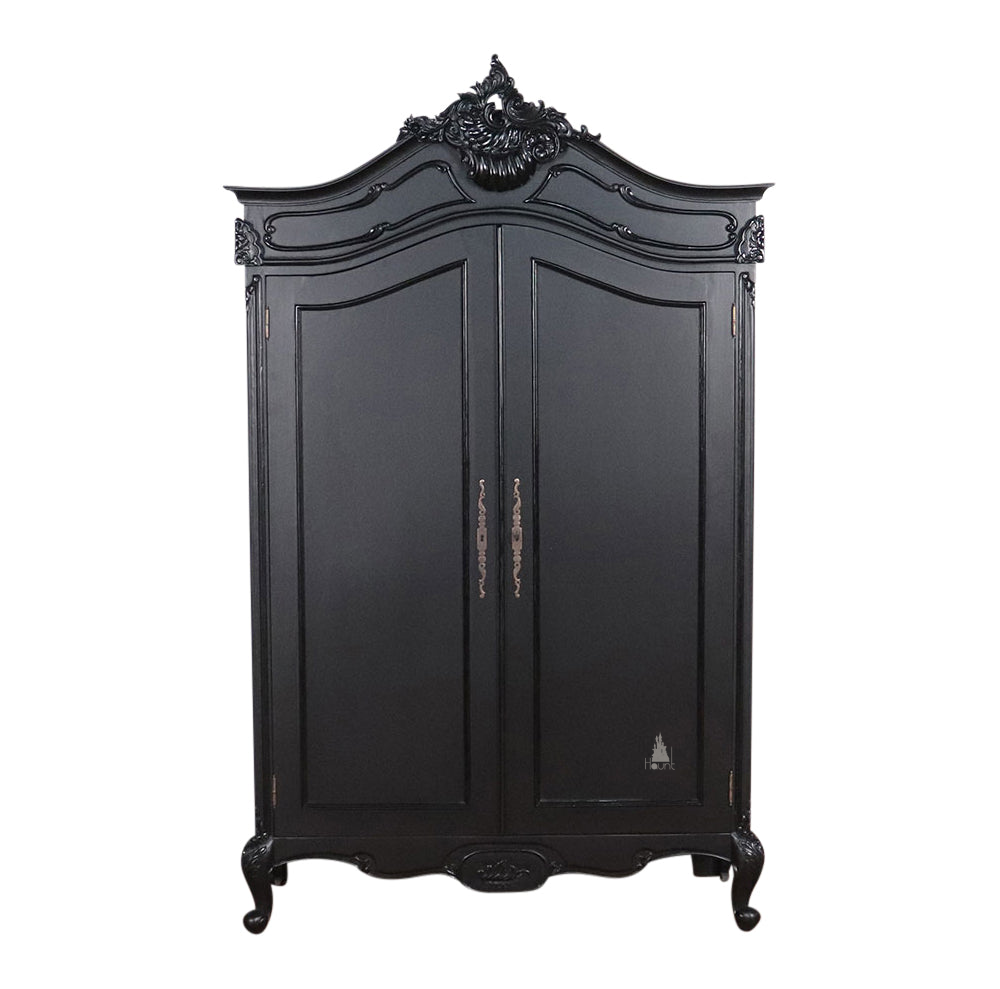 custom Maleficent Armoire with tall double doors, carved crest and ornate wardrobe frame - additional view 11
