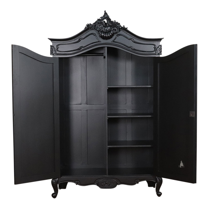 custom Maleficent Armoire with tall double doors, carved crest and ornate wardrobe frame - additional view 14