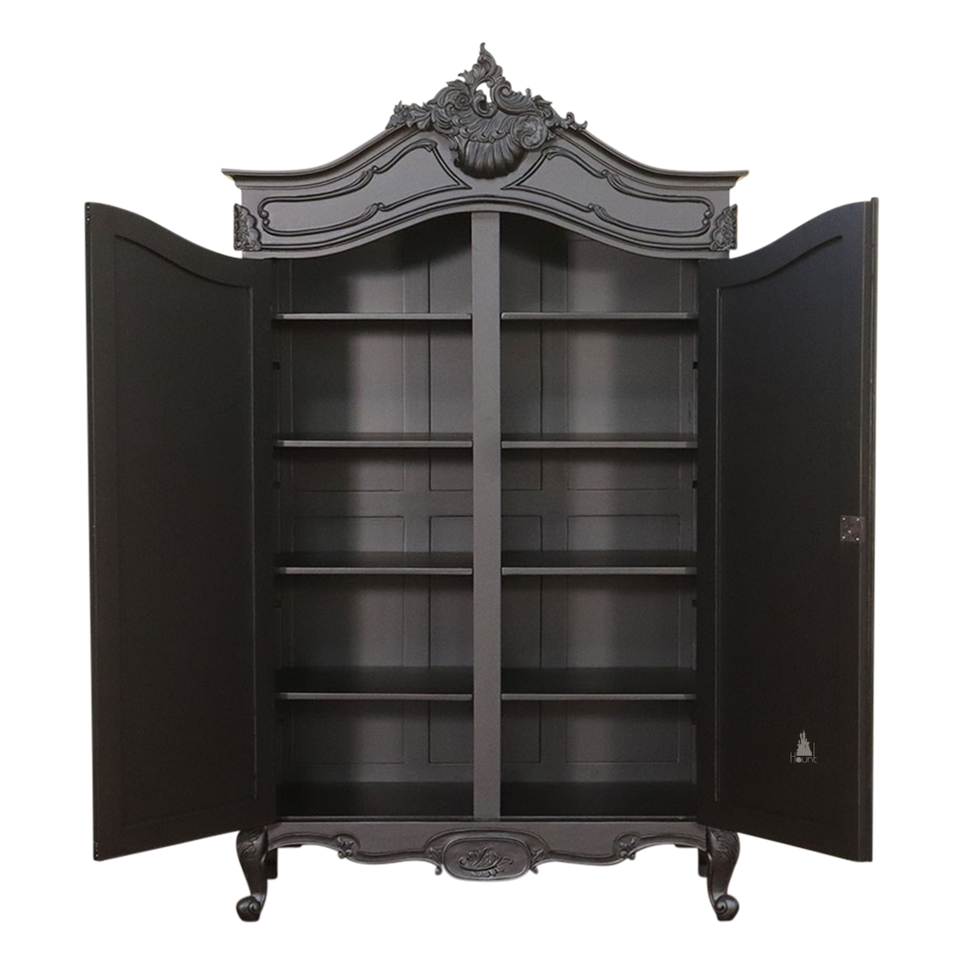 custom Maleficent Armoire with tall double doors, carved crest and ornate wardrobe frame - additional view 15