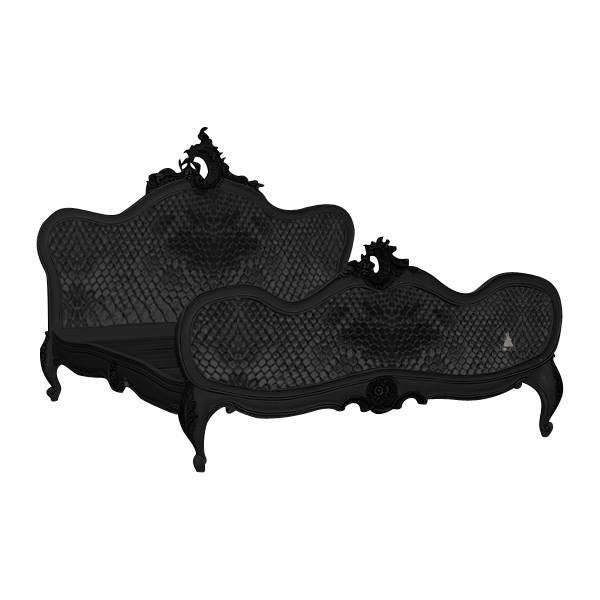 The Maleficent Bed, a handcrafted French provincial-style bed with a shaped headboard, low footboard and carved crest details.