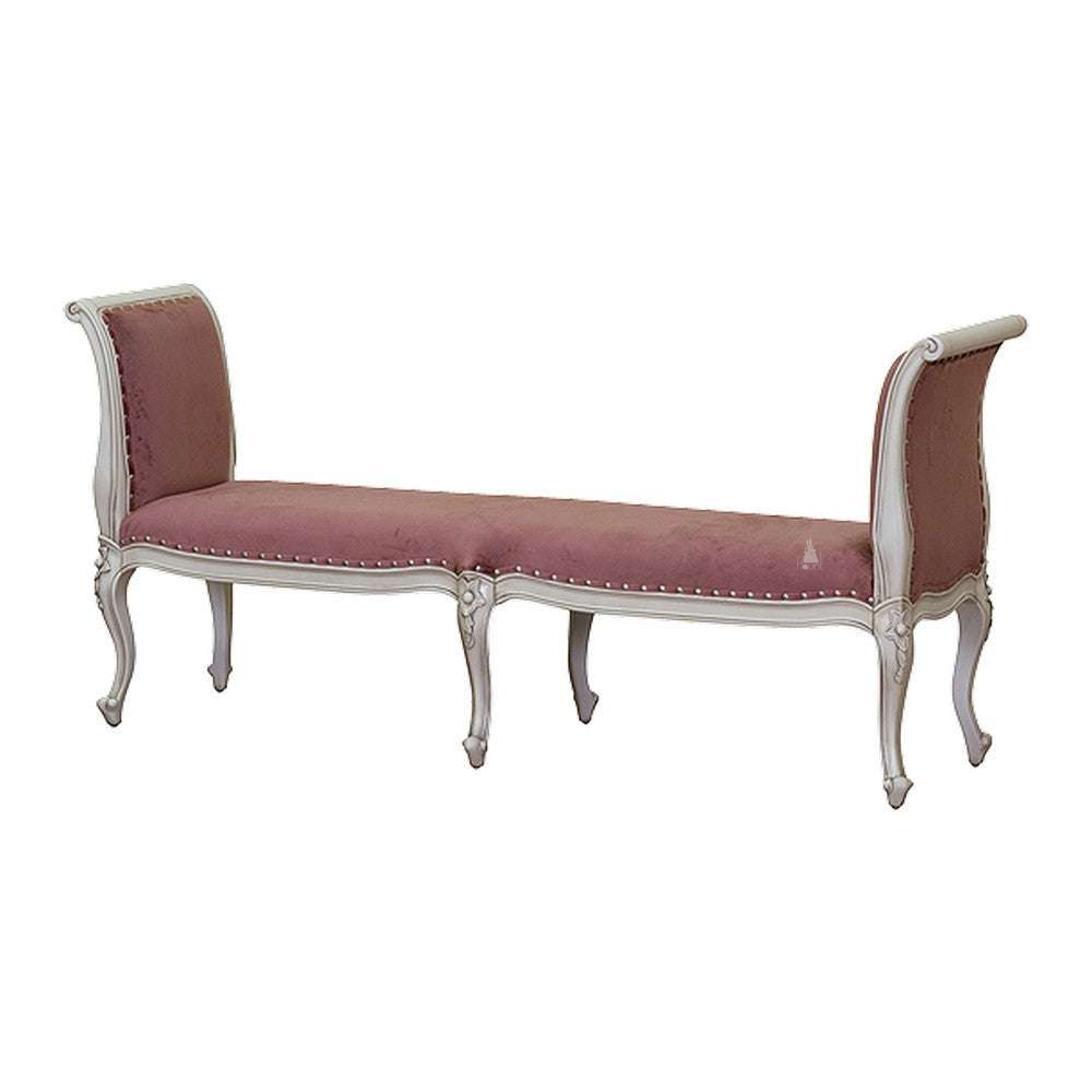 custom Maleficent Bench with long upholstered seat, raised scroll ends and nailhead trim