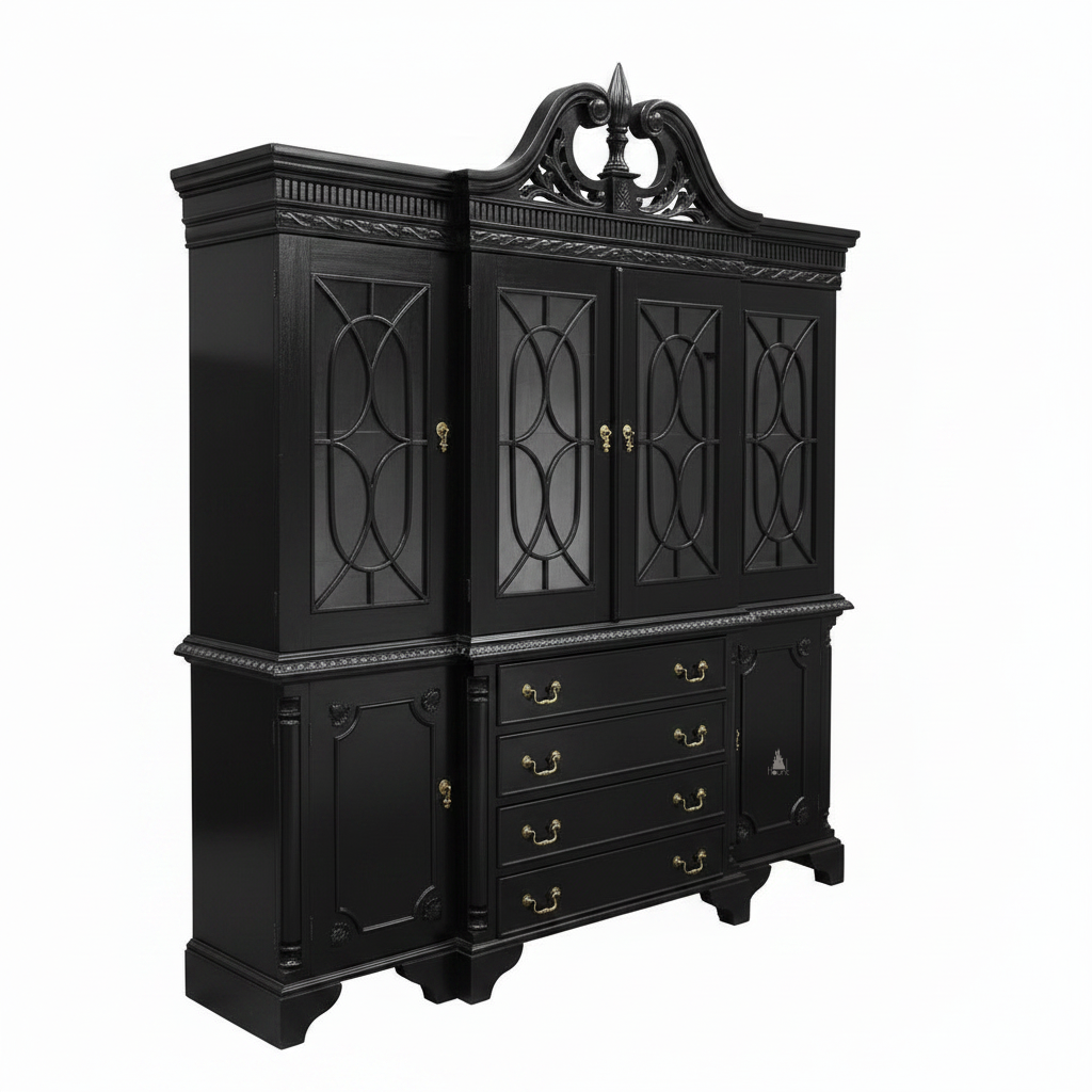 Another view of the Maleficent Bookcase, a tall timber bookcase with glazed upper doors and a shaped pediment
