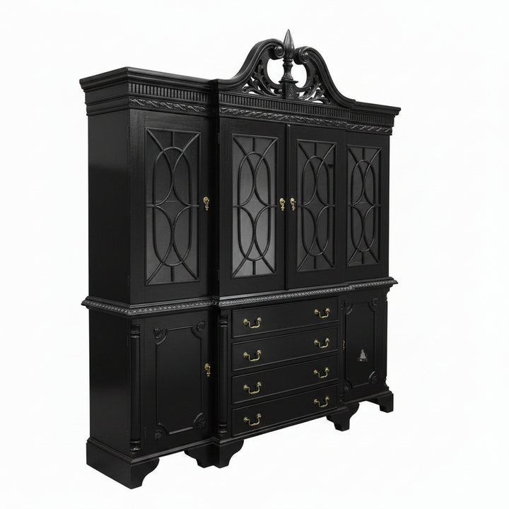 Another view of the Maleficent Bookcase, a tall timber bookcase with glazed upper doors and a shaped pediment
