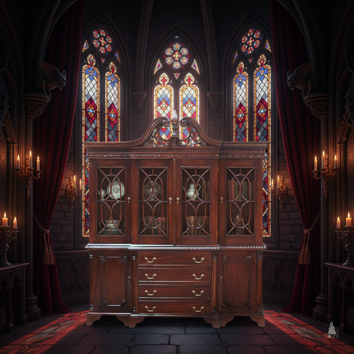 Another view of the Maleficent Bookcase, a tall timber bookcase with glazed upper doors and a shaped pediment