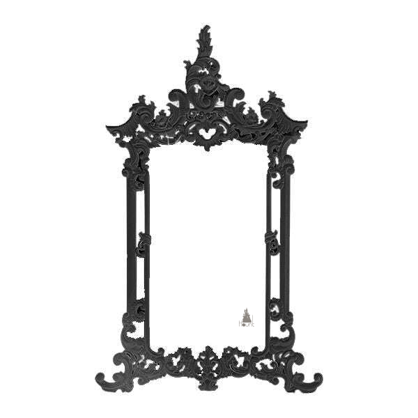 custom Maleficent Mirror with tall carved frame, high crest and open scrollwork