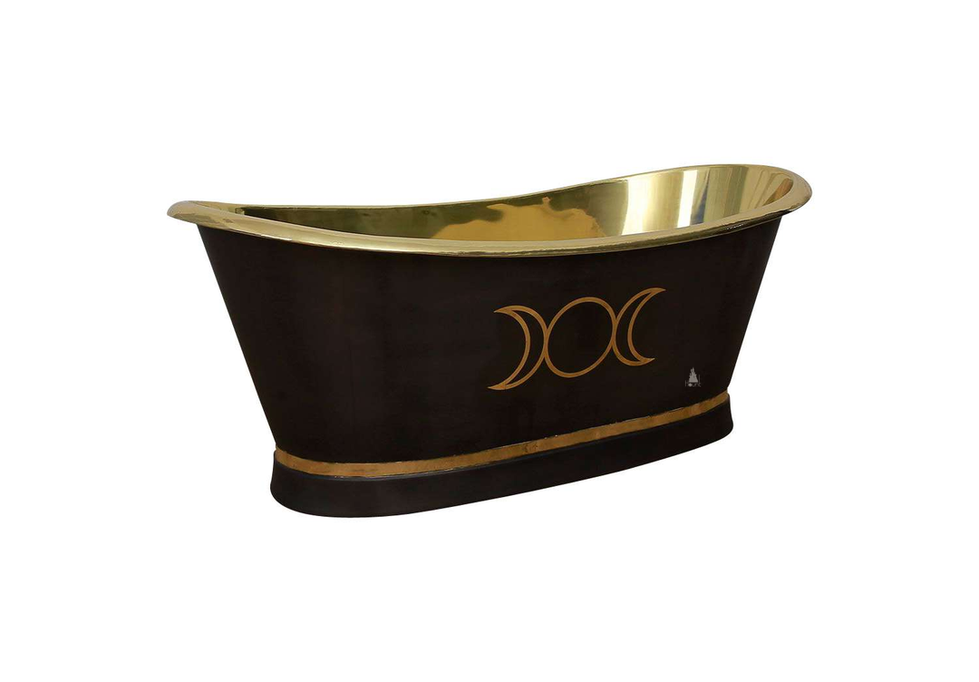 The Moon Child Copper Bathtub, a handcrafted freestanding bathtub with copper-toned interior, dark exterior and moon-cycle motif.