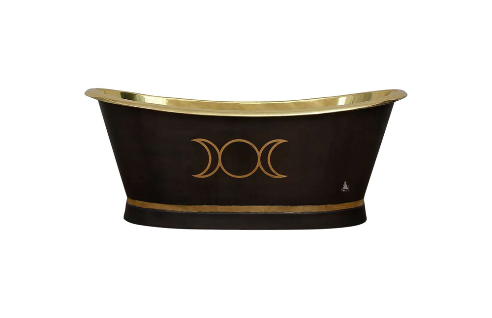 The Moon Child Copper Bathtub, a handcrafted freestanding bathtub with copper-toned interior, dark exterior and moon-cycle motif.