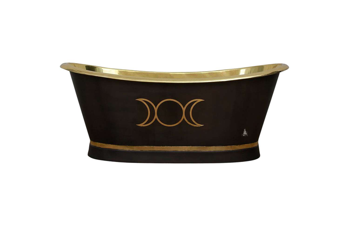 The Moon Child Copper Bathtub, a handcrafted freestanding bathtub with copper-toned interior, dark exterior and moon-cycle motif.