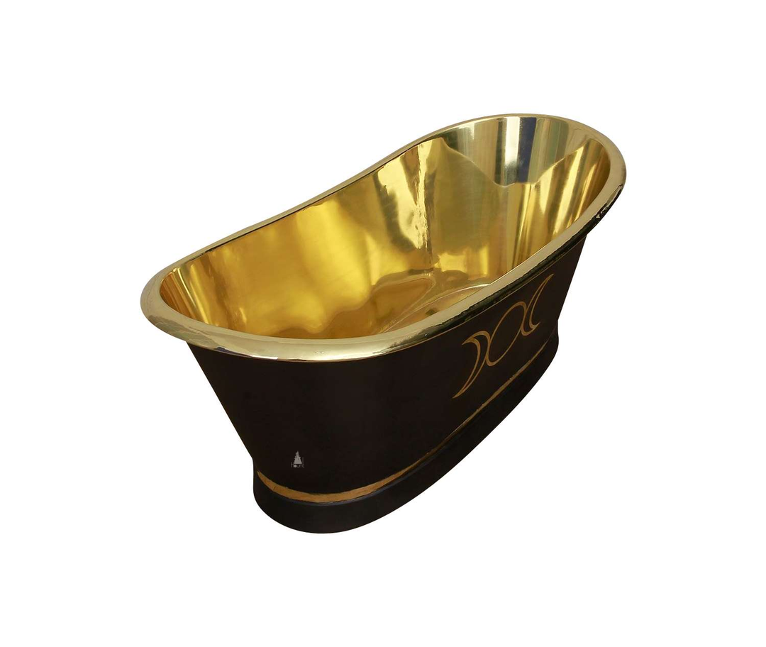 The Moon Child Copper Bathtub, a handcrafted freestanding bathtub with copper-toned interior, dark exterior and moon-cycle motif.