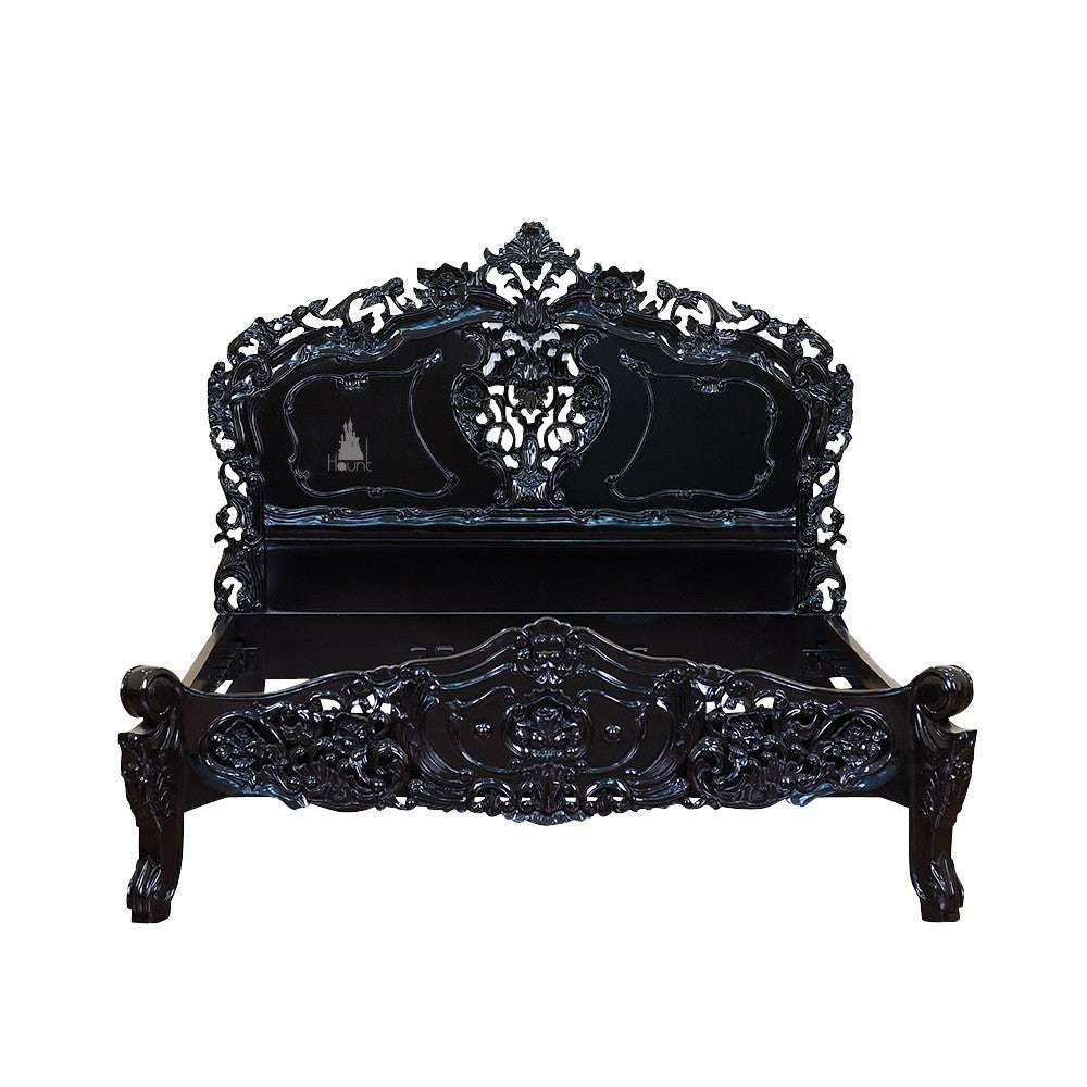 The Nymph Bed, a handcrafted non-canopy baroque gothic bed with openwork carved headboard and heavily sculpted footboard.