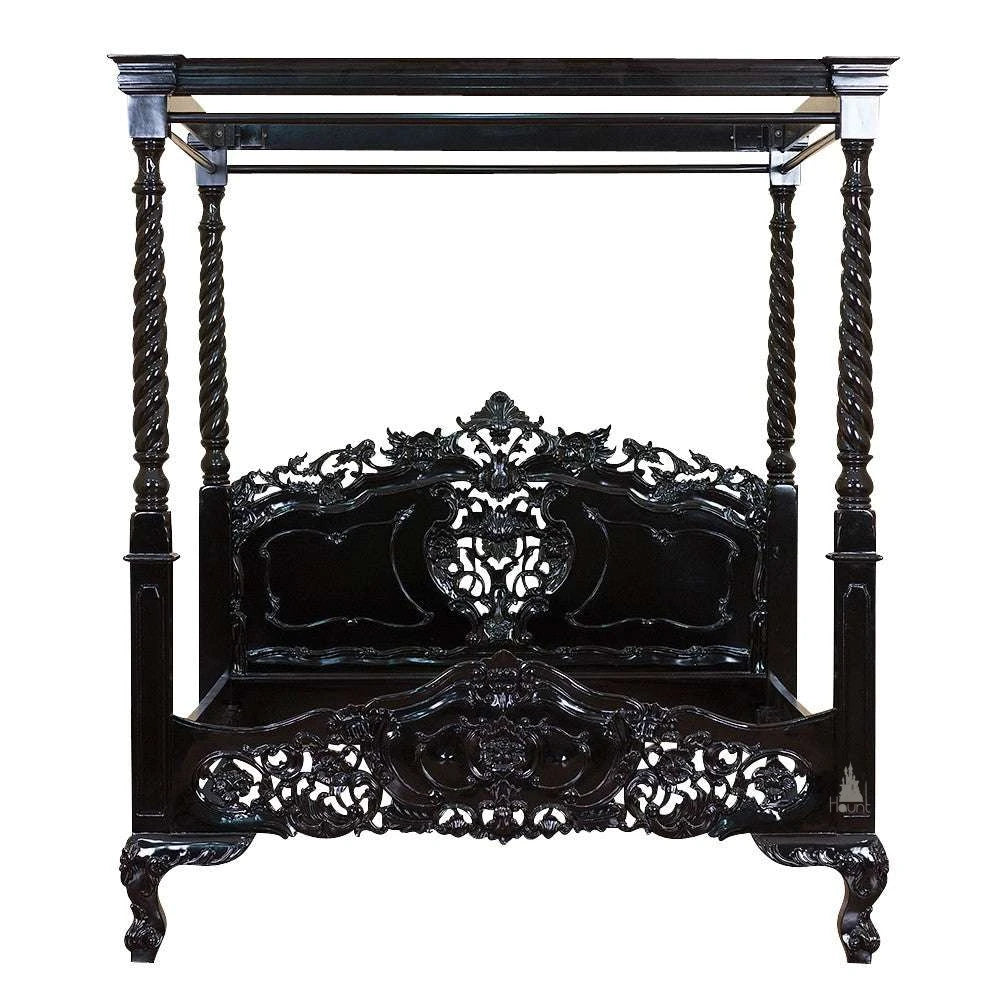 Front view of the Nymph Canopy Bed showing the flowing carved canopy, upholstered headboard and gothic baroque detailing