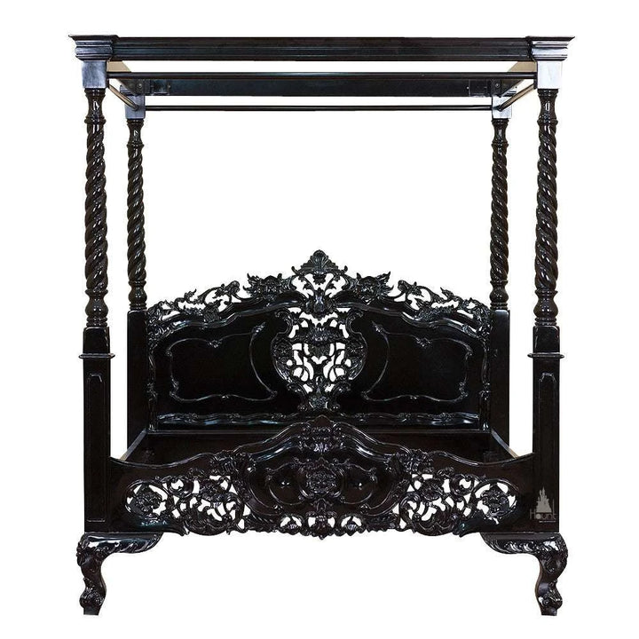 Angled view of the Nymph Canopy Bed showing sculptural carved posts, canopy frame and romantic gothic bedroom style