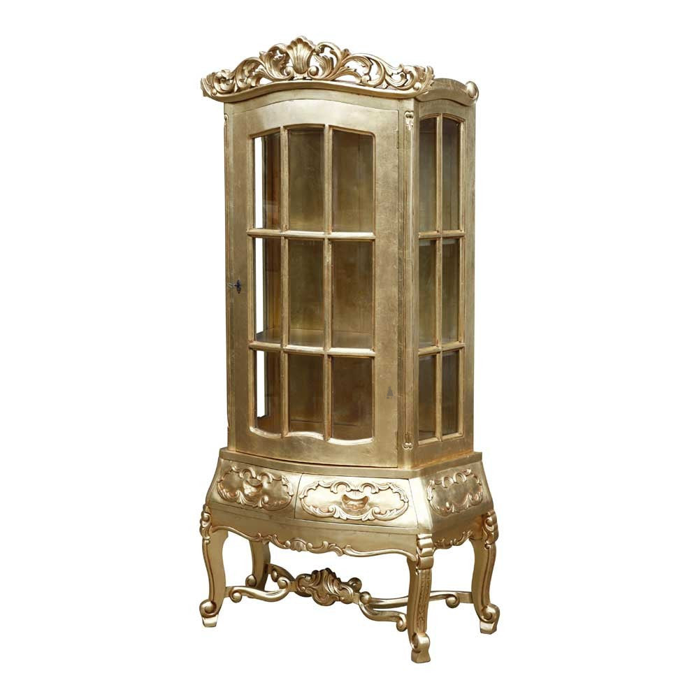 Nymph Display Cabinet, a gilded glass-fronted cabinet with a carved crest and a richly carved base