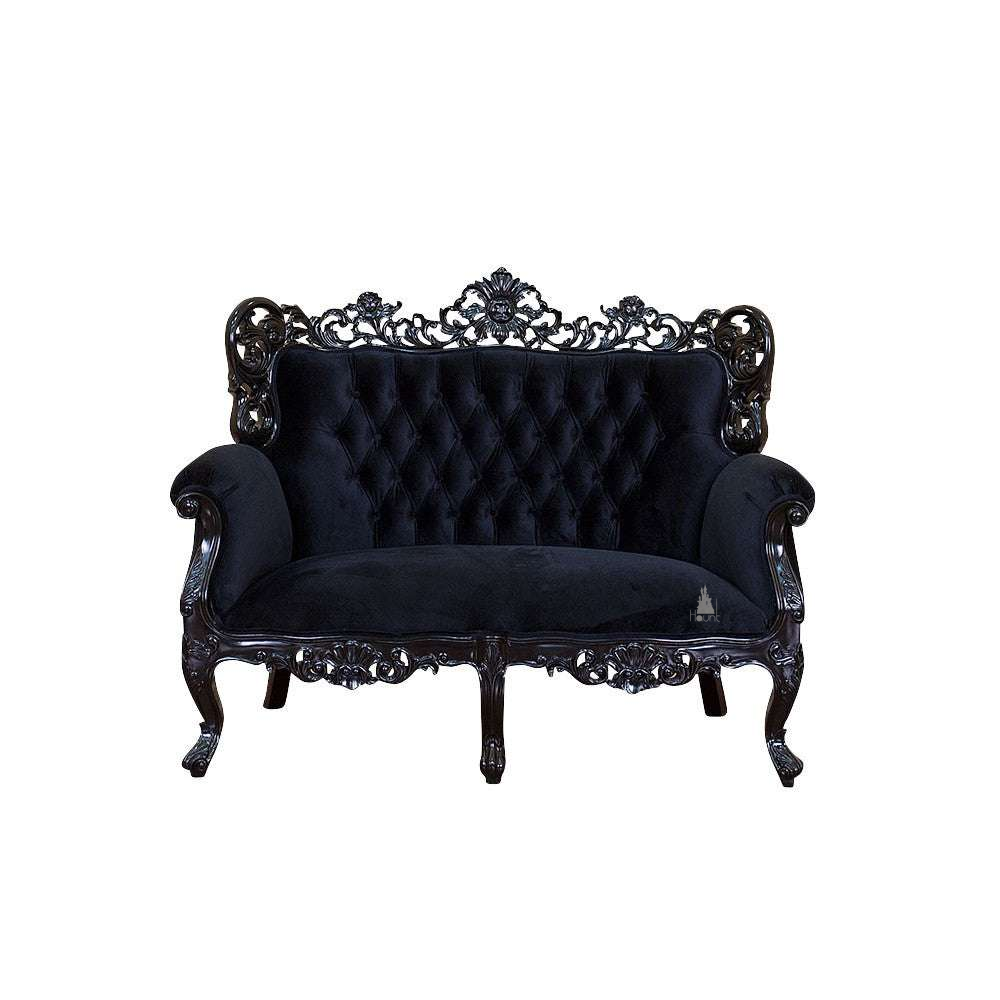 Nymph Love Seat, a two-seat upholstered piece with a deep button-tufted back and rolled arms