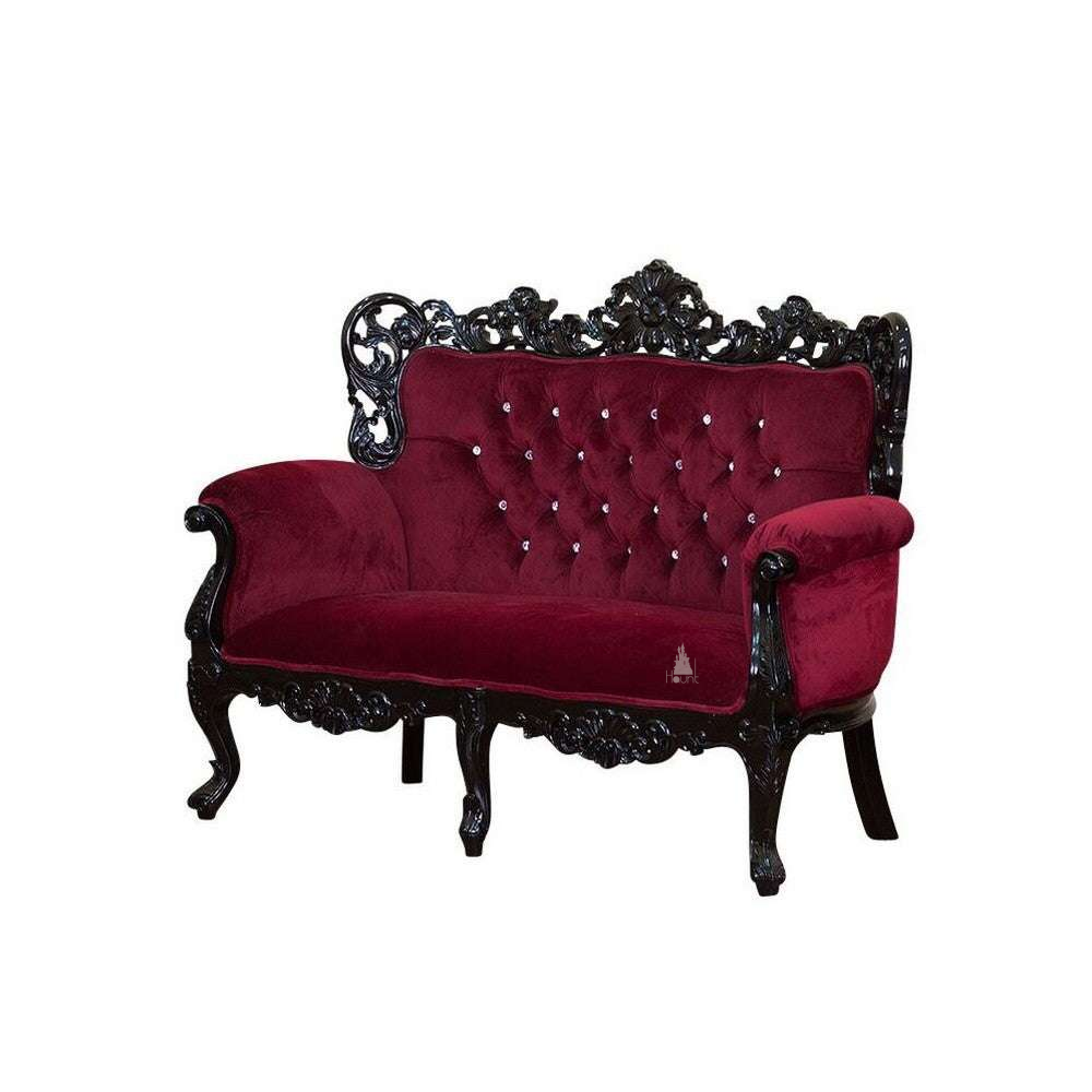 Another view of the Nymph Love Seat, a two-seat upholstered piece with a deep button-tufted back