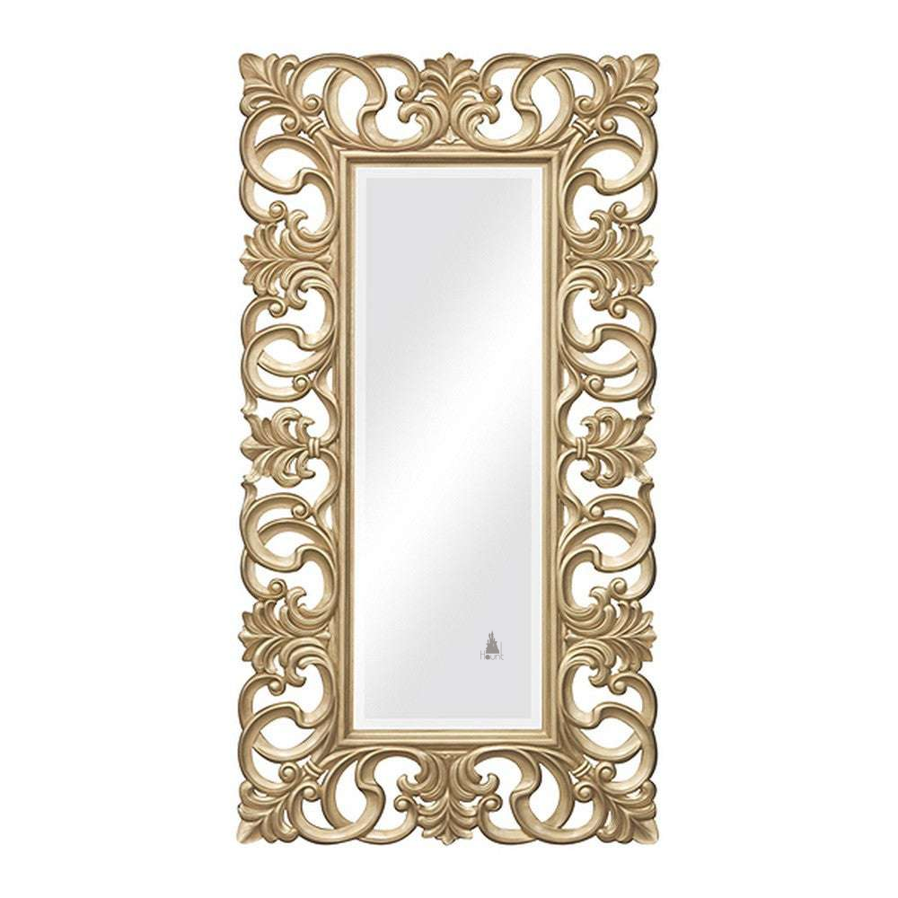 Nymph Mirror, a tall rectangular mirror surrounded by open carved scrollwork