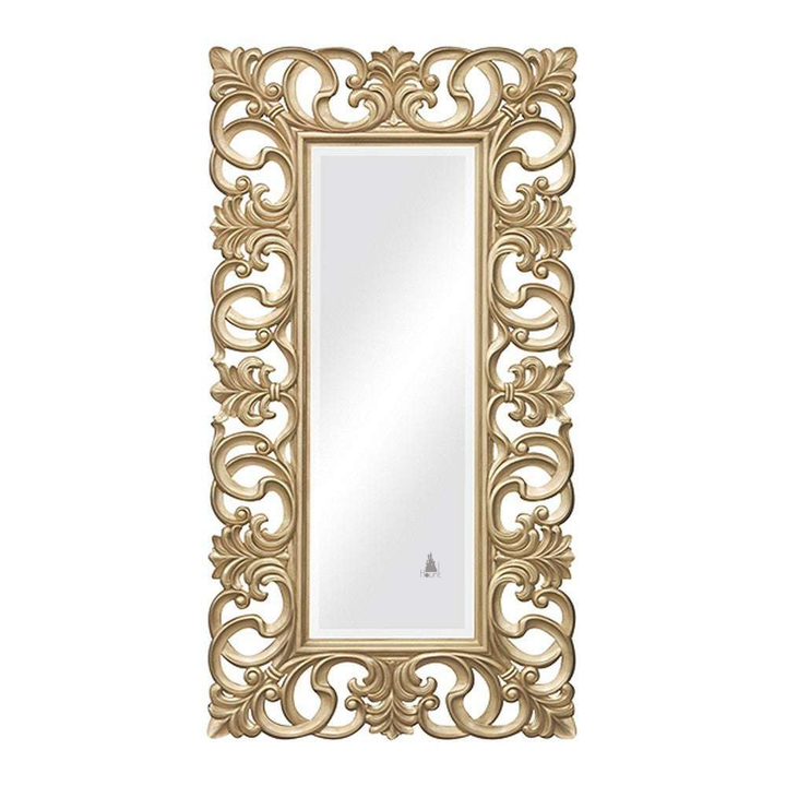 Nymph Mirror, a tall rectangular mirror surrounded by open carved scrollwork