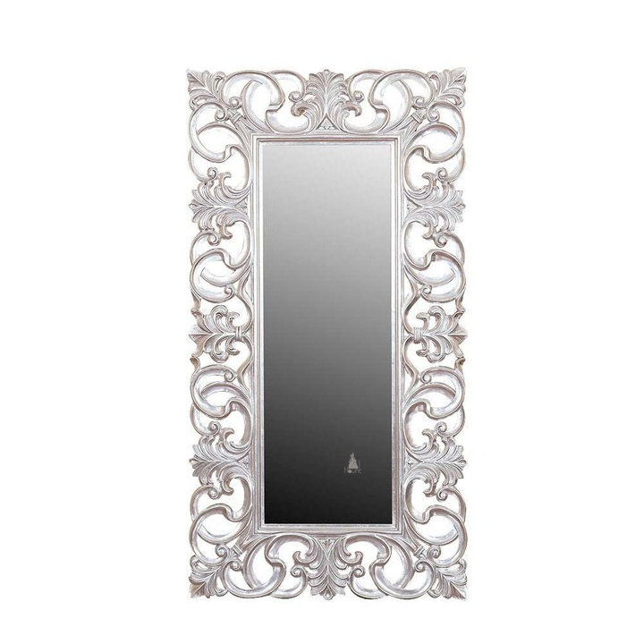 Another view of the Nymph Mirror, a tall rectangular mirror surrounded by open carved scrollwork