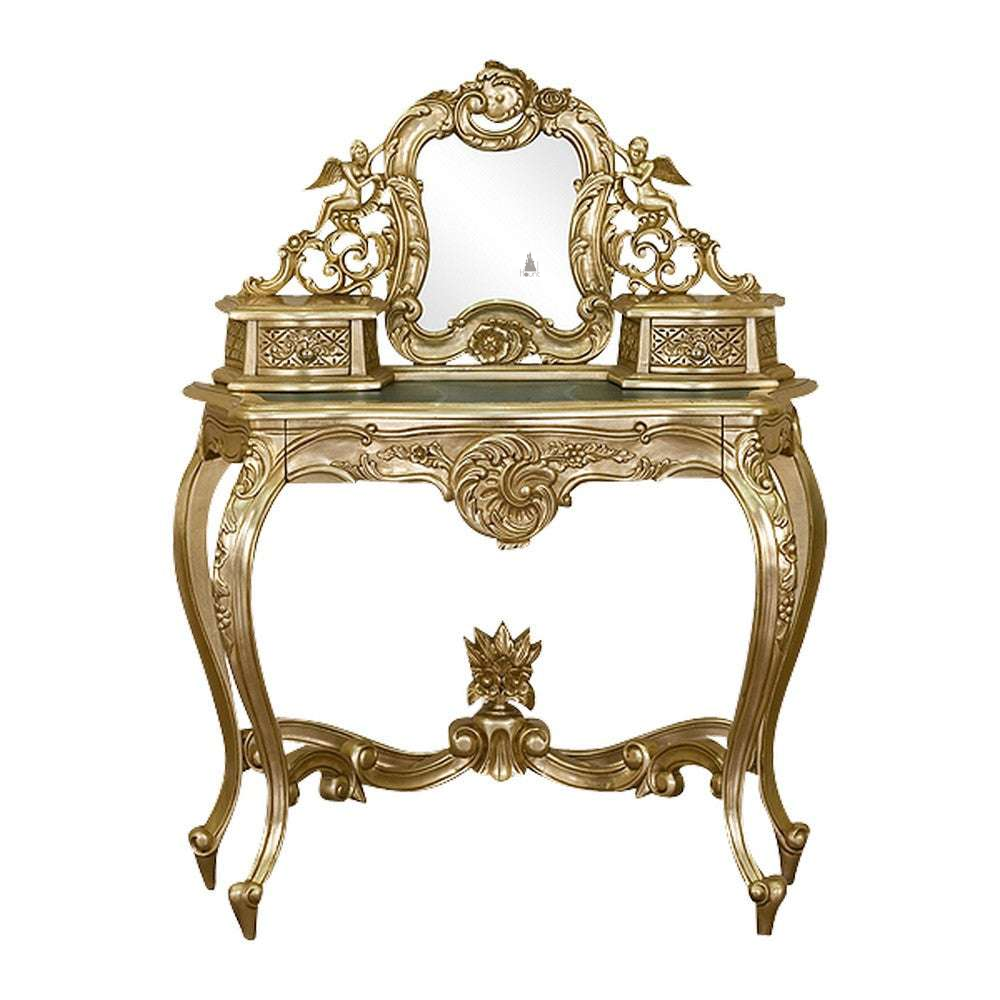 Another view of the Nymph Vanity, an ornate dressing table with a shaped mirror
