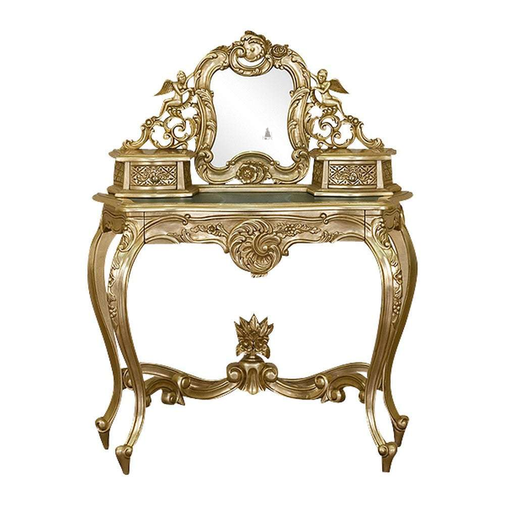 Another view of the Nymph Vanity, an ornate dressing table with a shaped mirror