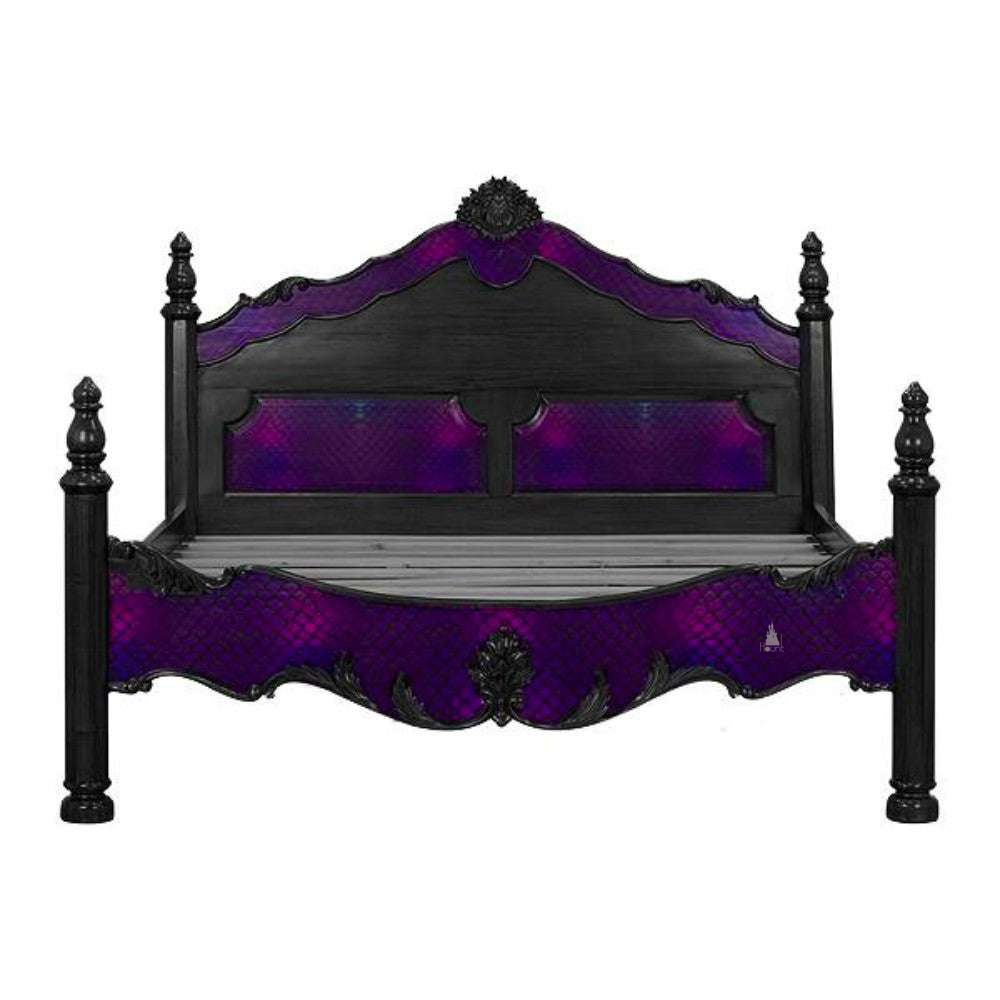 Odyssey Bed shown with purple upholstered panel detail and sculpted mahogany frame