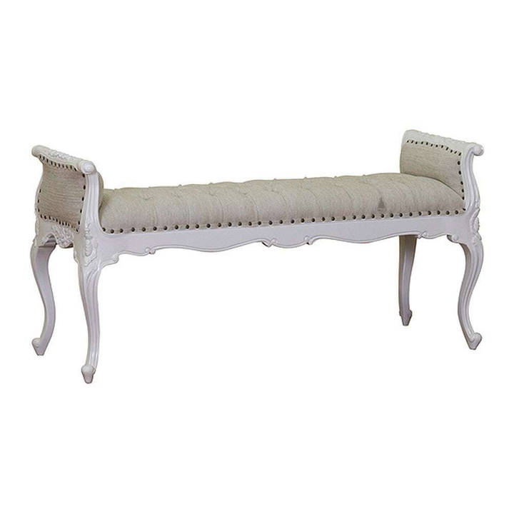 Odyssey Bench, a long upholstered bench with raised end panels, nailhead trim, a padded seat and slender cabriole legs