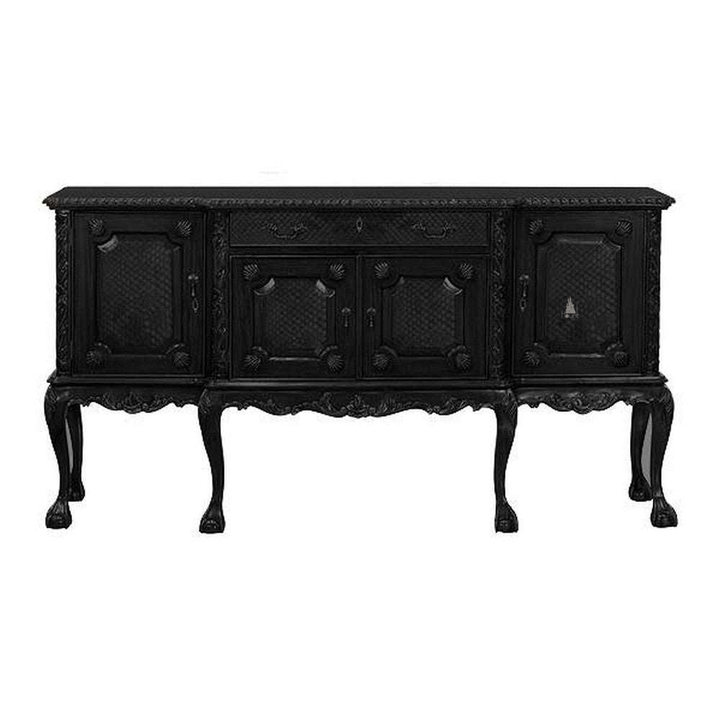 Odyssey Buffet, a long storage piece with side cabinet doors, central drawers, raised panel fronts, a carved apron and elevated cabriole legs