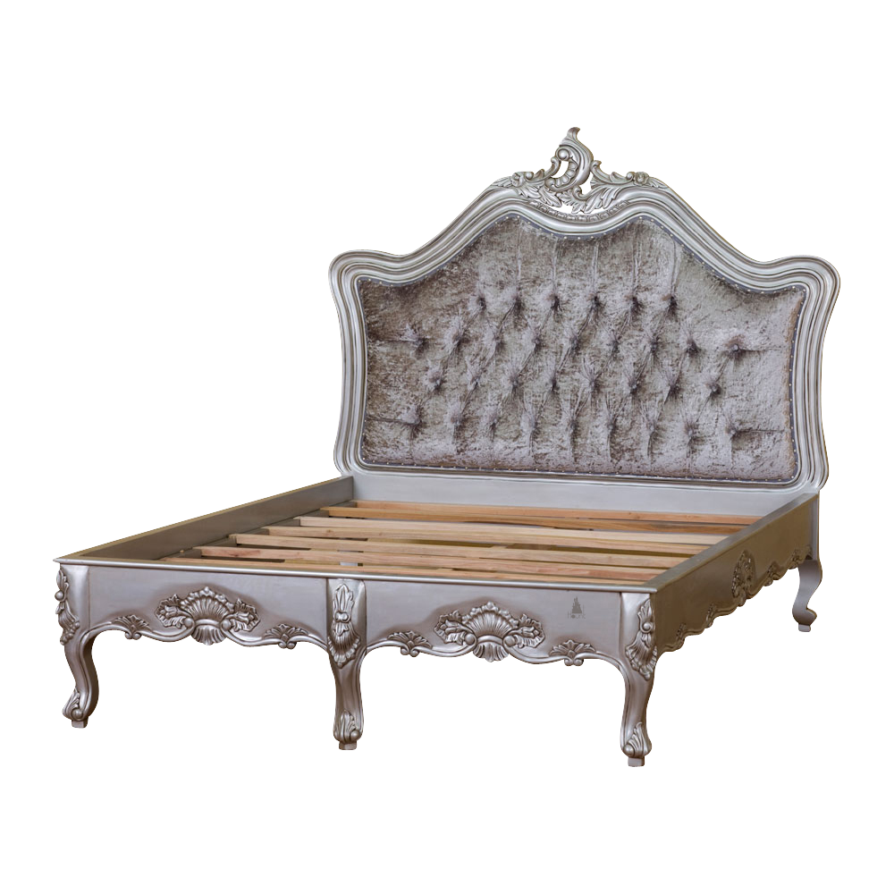 Angled view of the Poison Ivy Bed showing the curved headboard, elegant footboard and refined French provincial-inspired silhouette